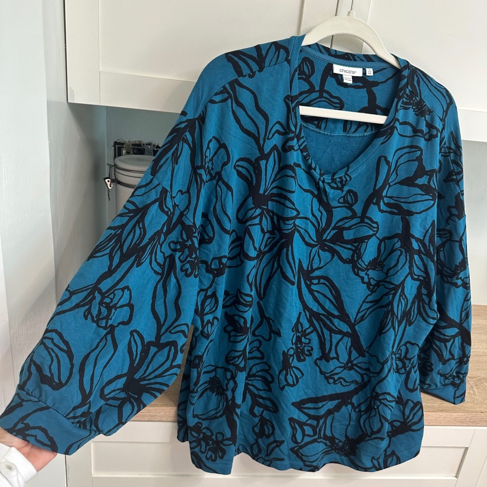 Chico's Size 4 3/4 Sleeve Top Women XXL Scoop Neck High Low Botanical Feminine